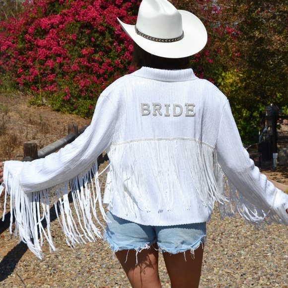 White Sequin Bride Jacket, Bride Bachelorette Bridal Shower Engagement Gift - Picture 3 of 9